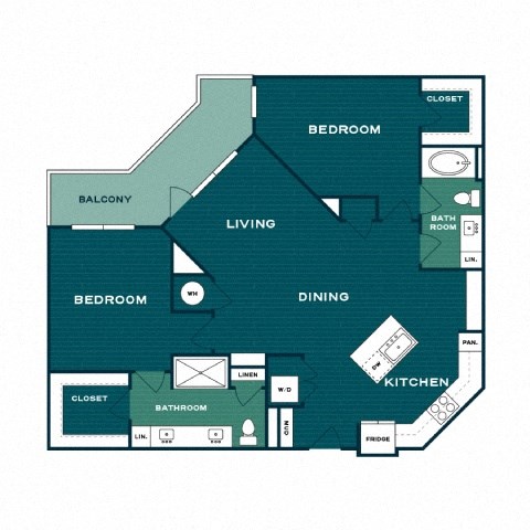 Floor plan for 2 beds, 2 baths, 1257 sqft